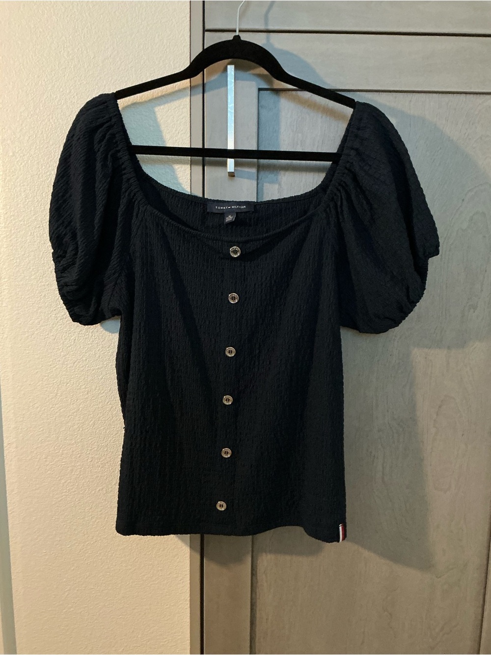 Tommy Hilfiger Black Puff Sleeve Button-Down Blouse